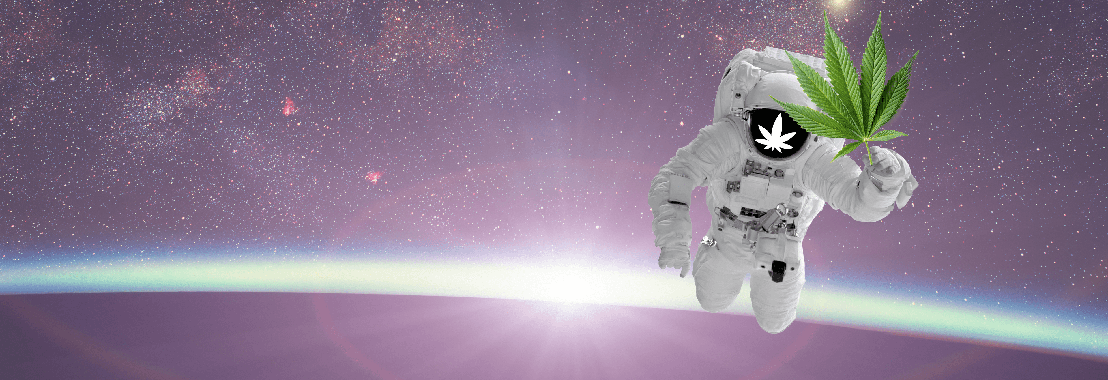 Astronaut im lila Universum mit Cannabis Blatt